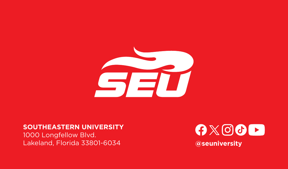 Back of the card: SEU logo, campus address and social handles. Standard on every card.